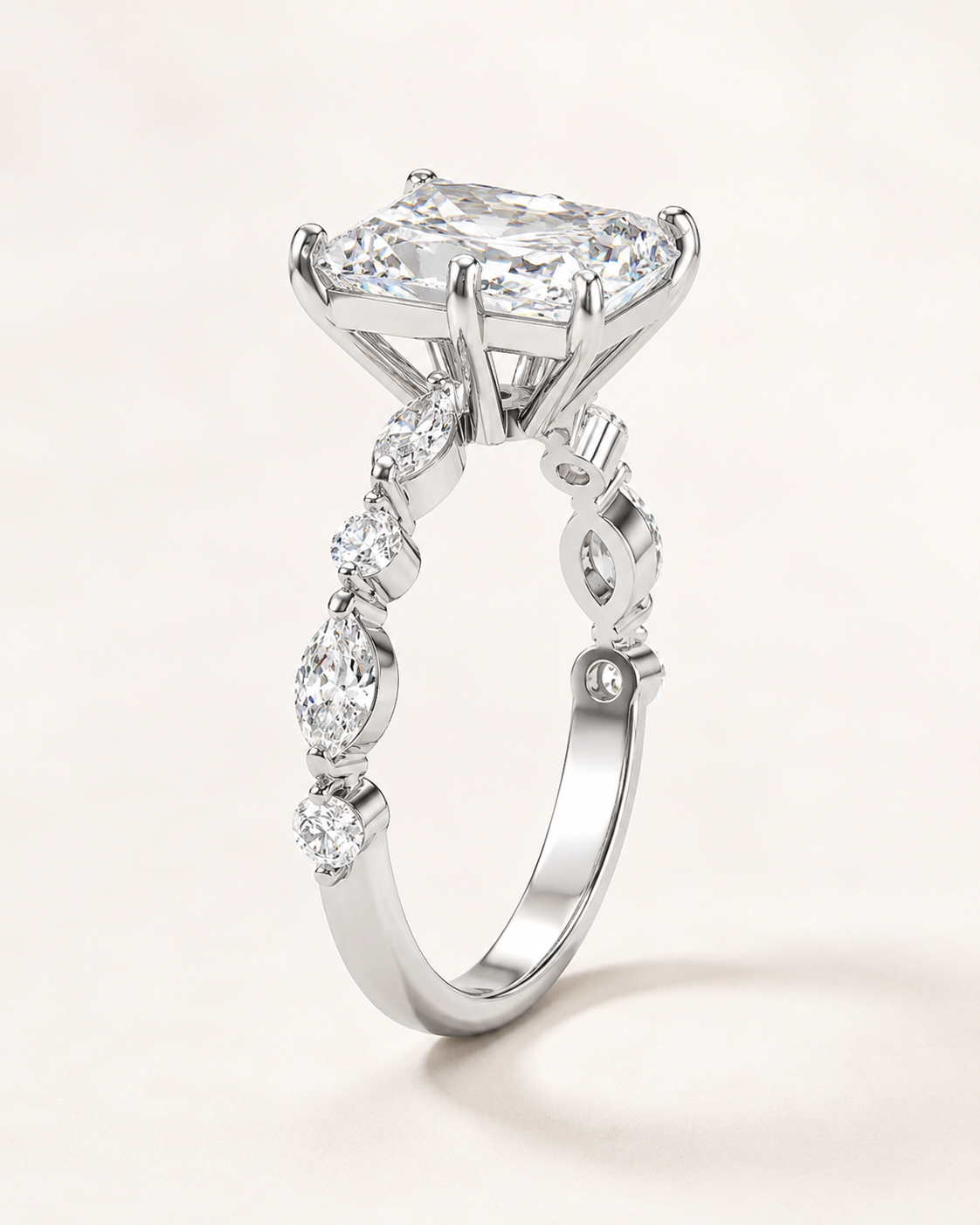 Elmivra Marquise Side Stone Radiant lab-grown diamond ring in 18K White Gold angle