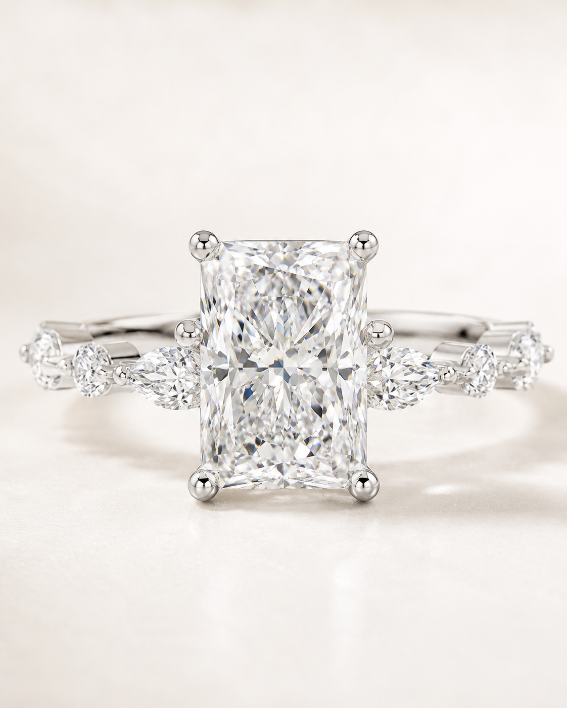 Elmivra Marquise Side Stone Radiant lab-grown diamond ring in 18K White Gold closeup