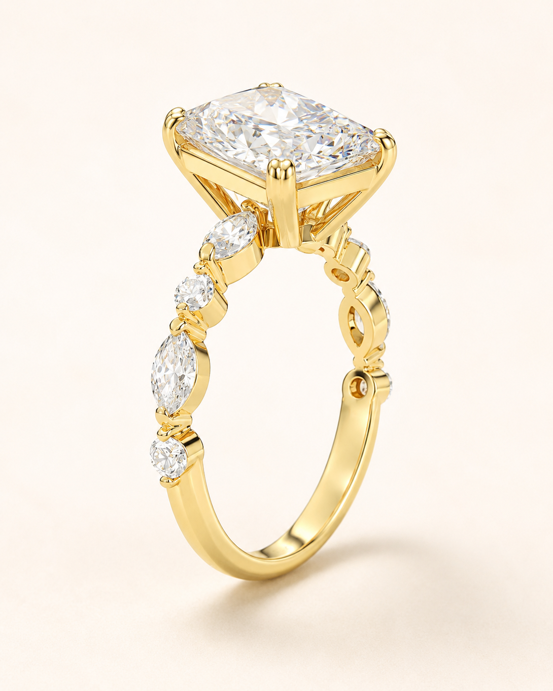 Elmivra Marquise Side Stone Radiant lab-grown diamond ring in 18K Yellow Gold angle