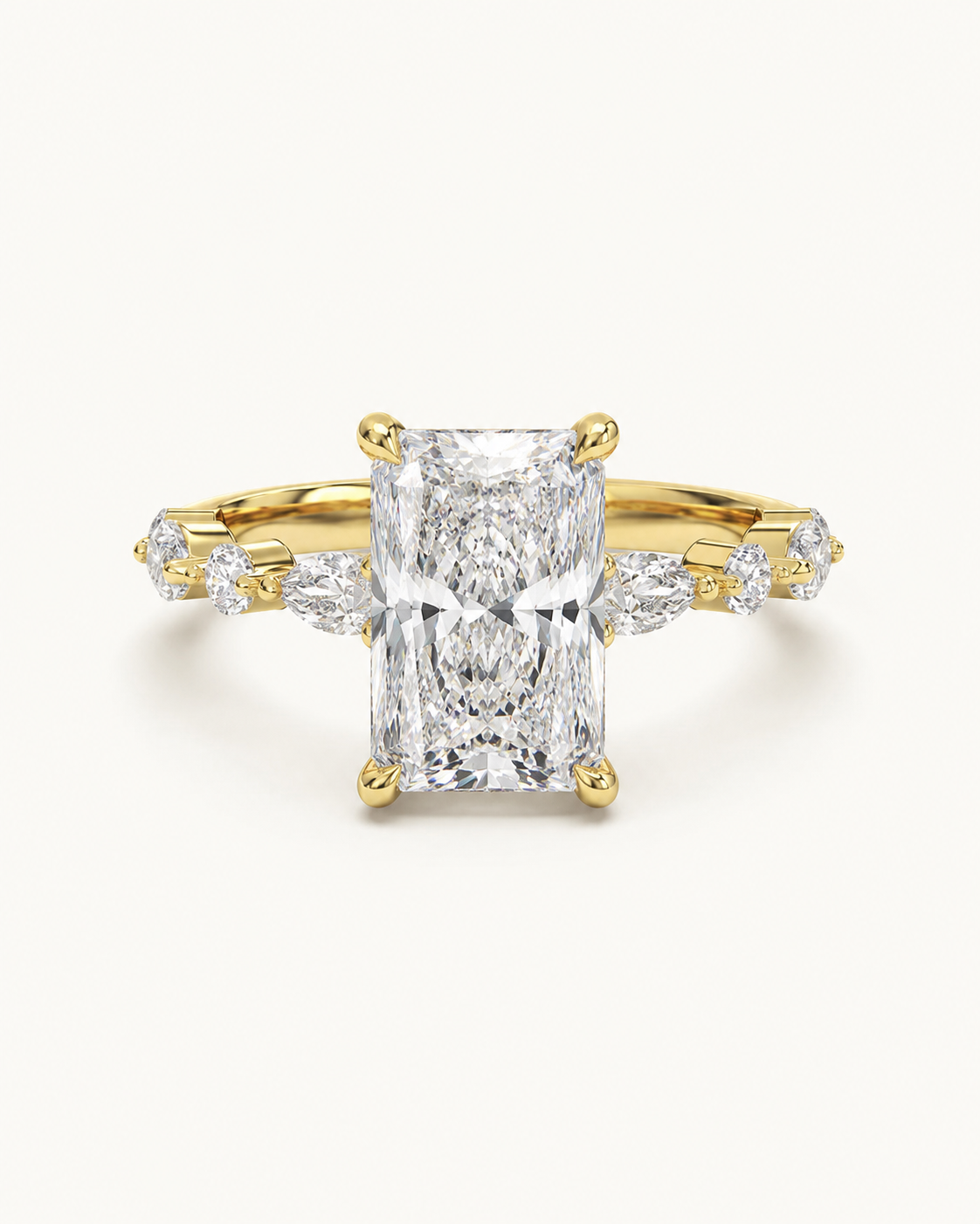 Elmivra Marquise Side Stone Radiant lab-grown diamond ring in 18K Yellow Gold front
