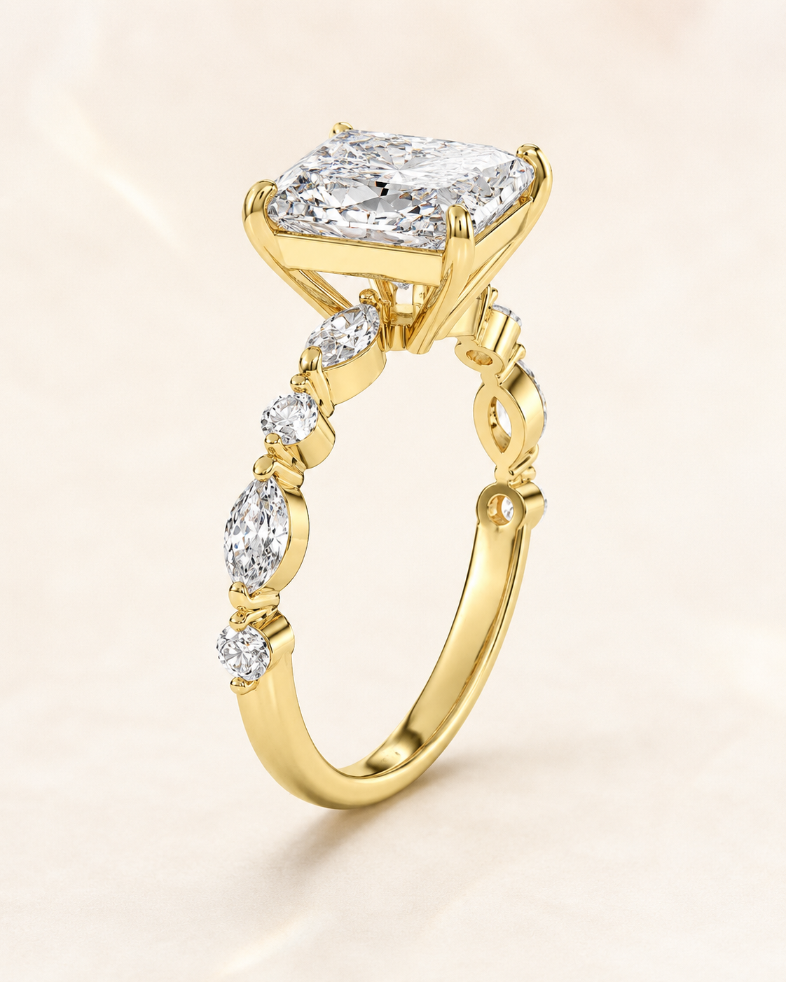 Elmivra Marquise Side Stone Radiant lab-grown diamond ring in 18K Yellow Gold main