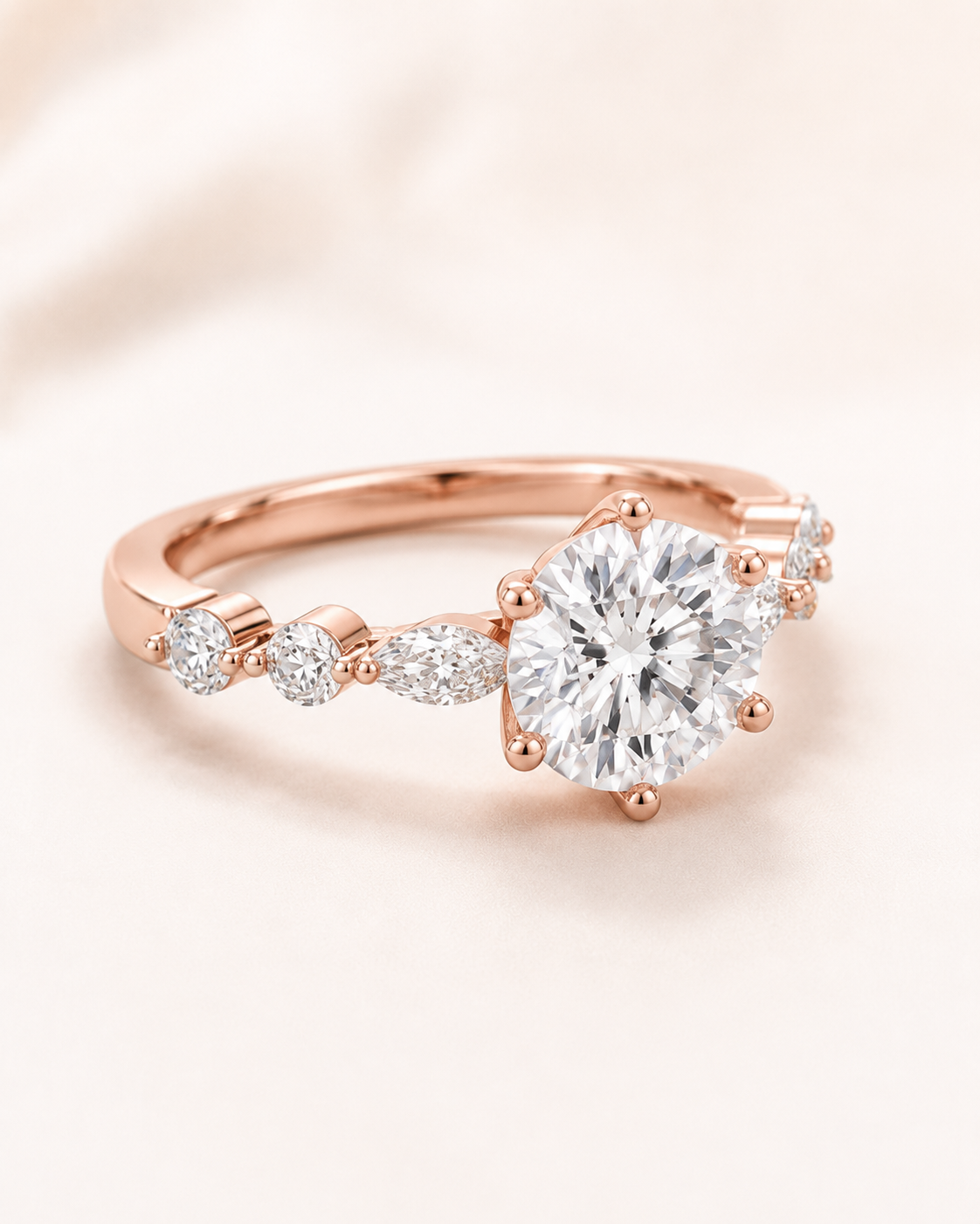 Elmivra Marquise Side Stone Round lab-grown diamond ring in 18K Rose Gold angle