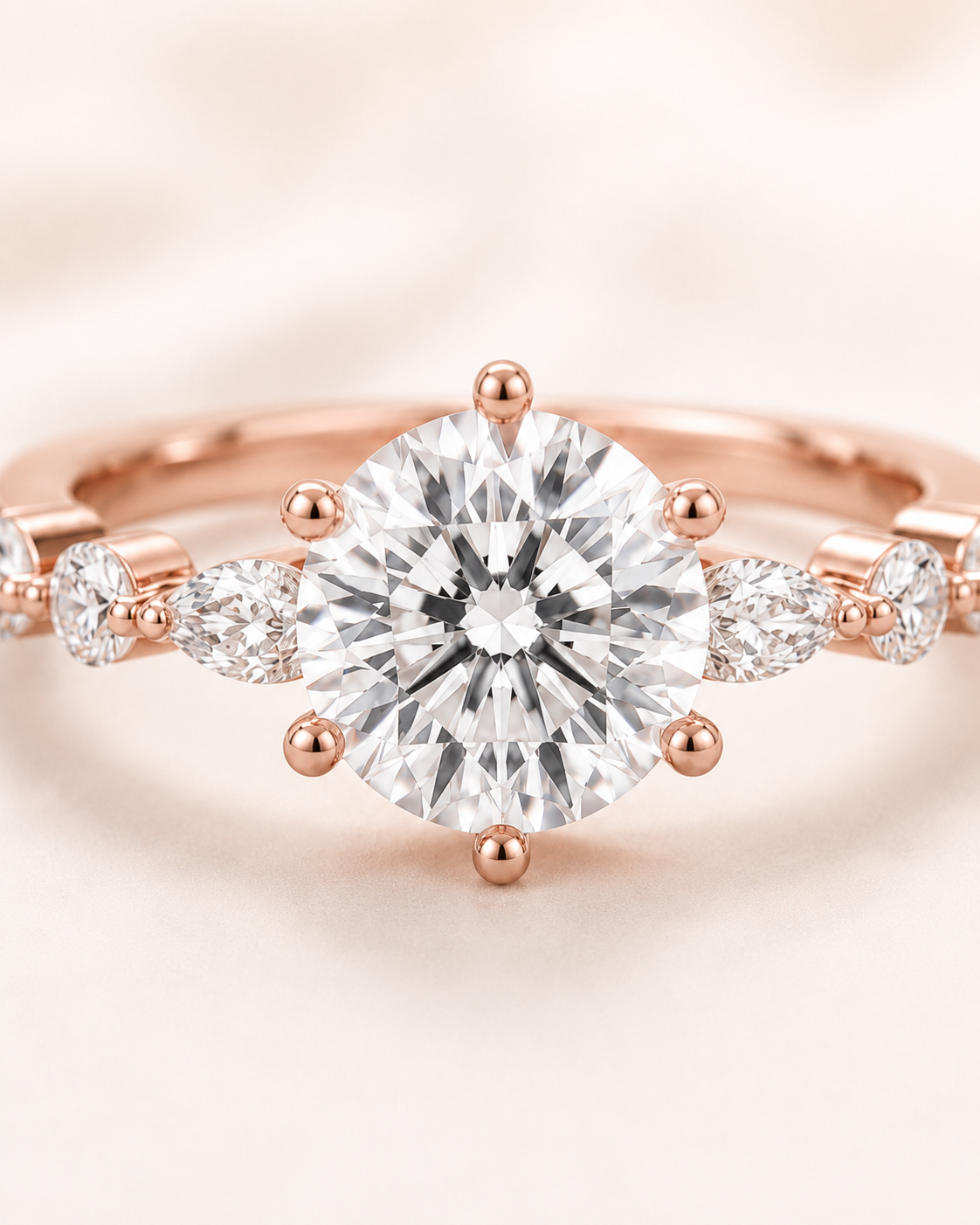 Elmivra Marquise Side Stone Round lab-grown diamond ring in 18K Rose Gold closeup