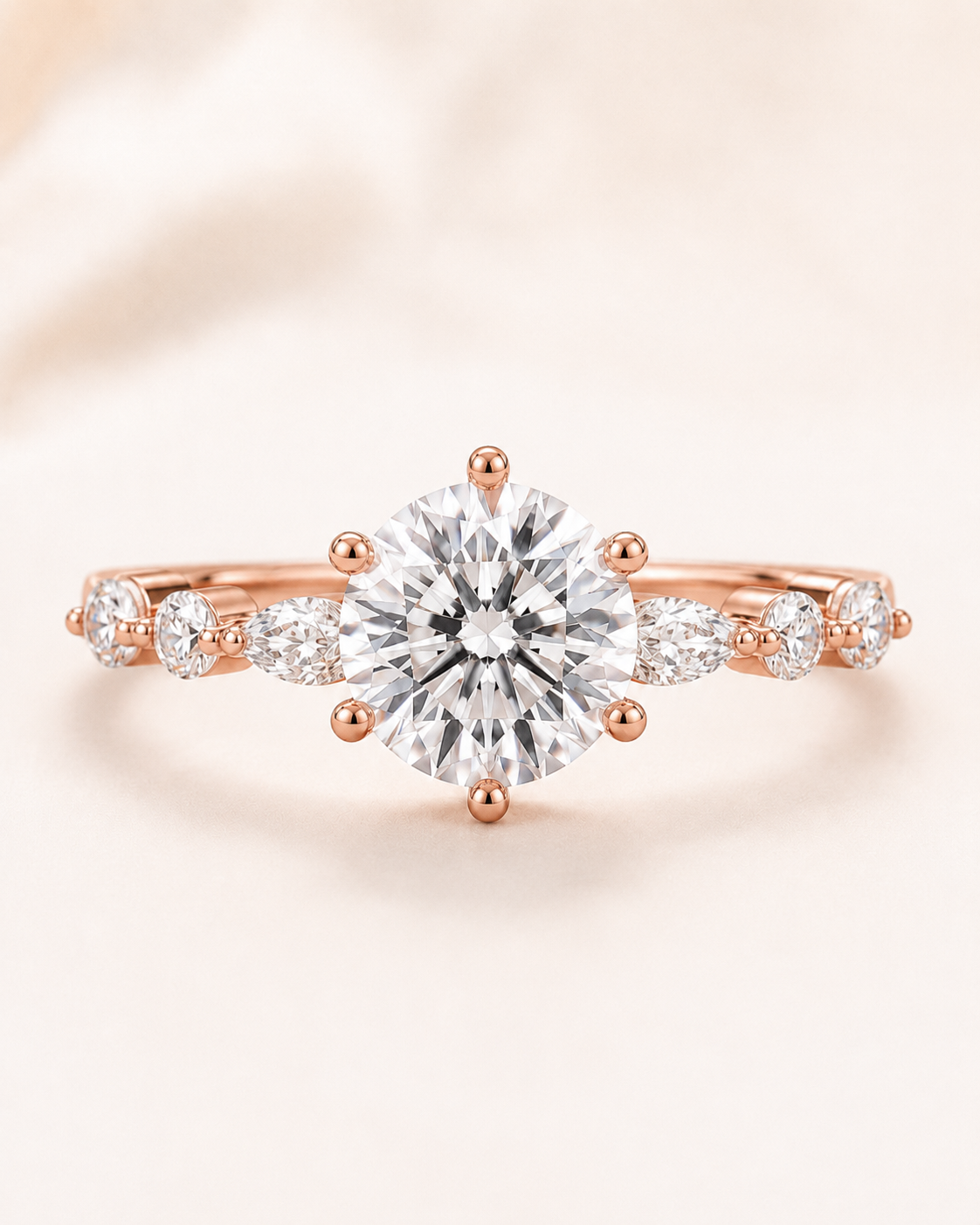 Elmivra Marquise Side Stone Round lab-grown diamond ring in 18K Rose Gold front