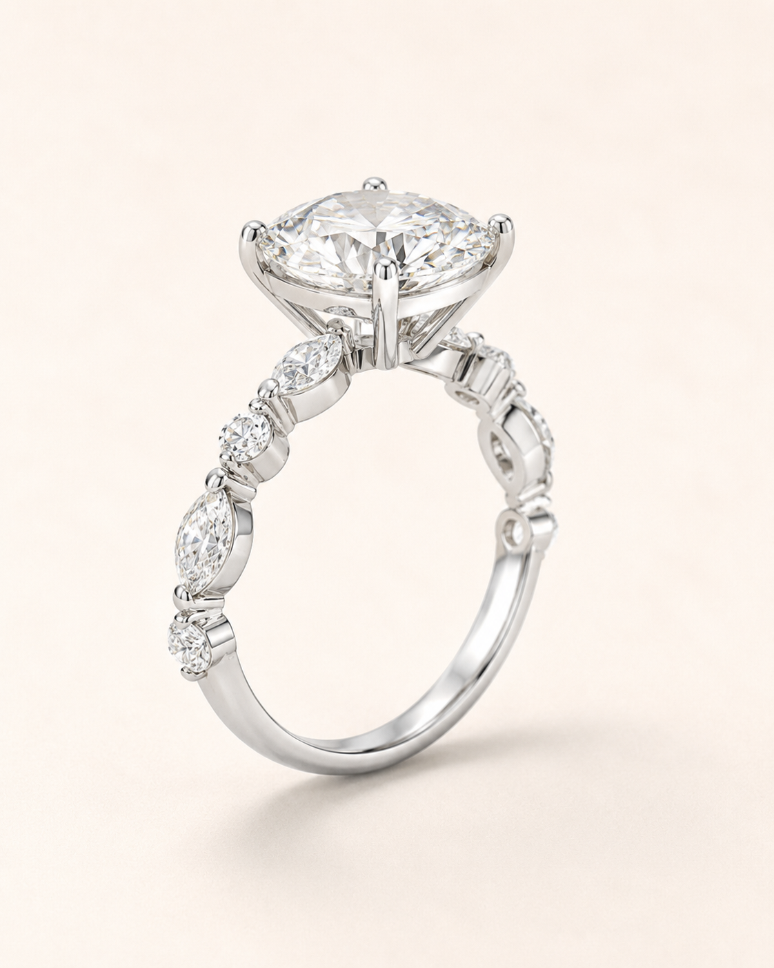 Elmivra Marquise Side Stone Round lab-grown diamond ring in 18K White Gold angle