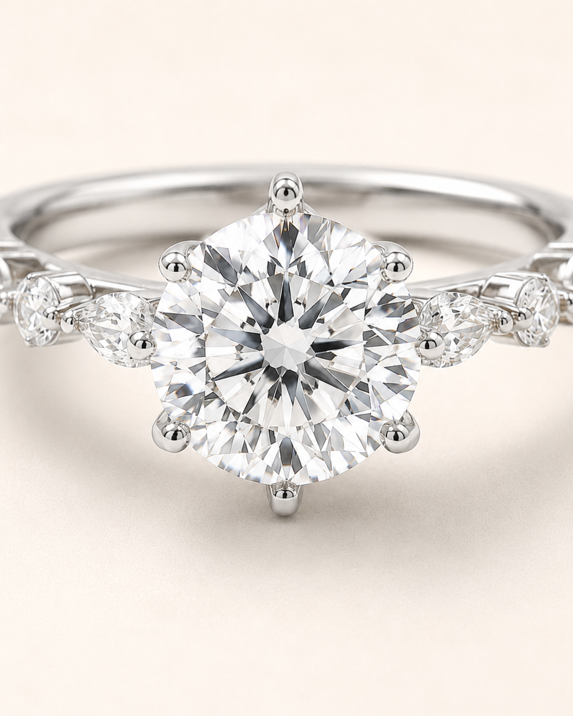 Elmivra Marquise Side Stone Round lab-grown diamond ring in 18K White Gold closeup