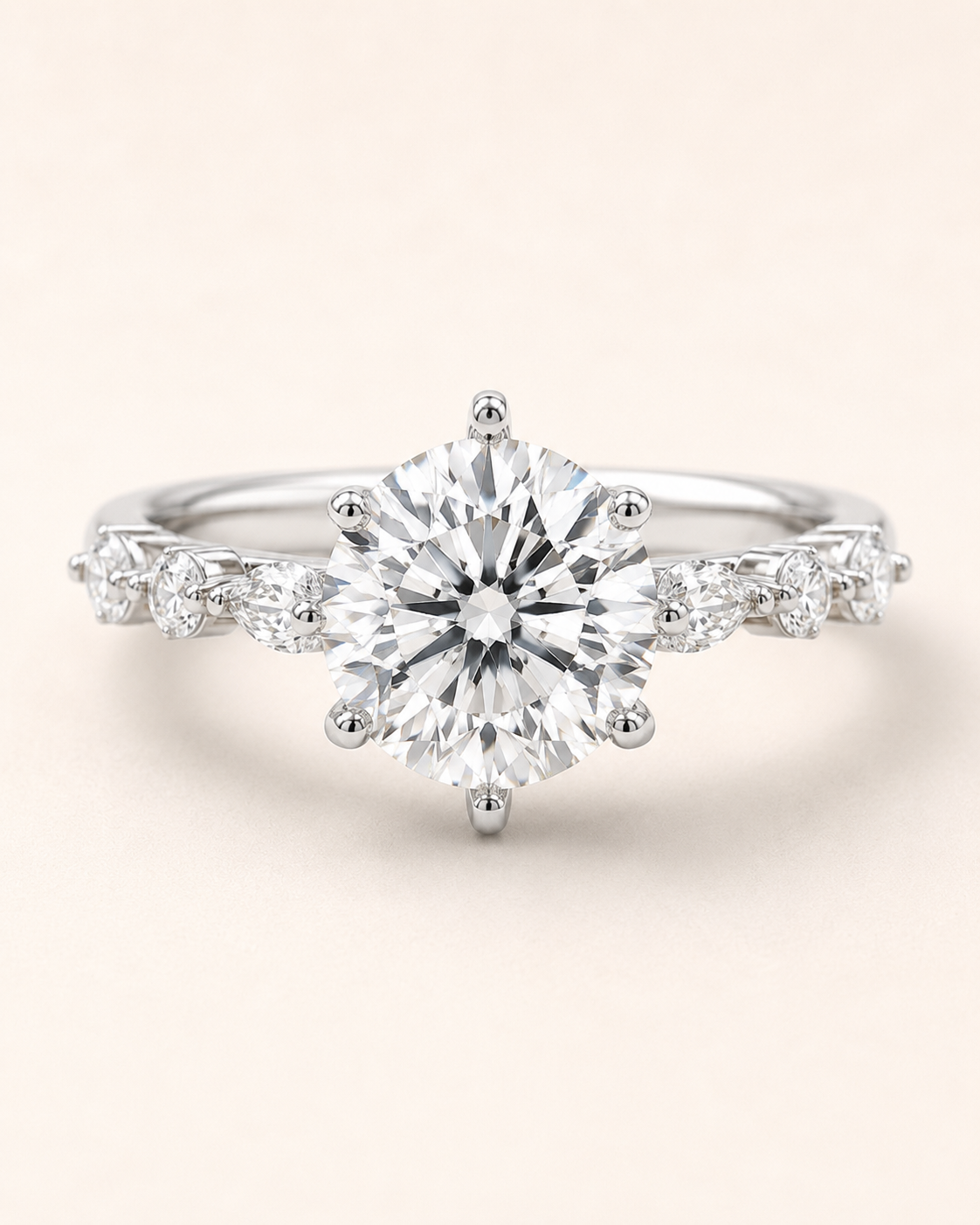 Elmivra Marquise Side Stone Round lab-grown diamond ring in 18K White Gold front