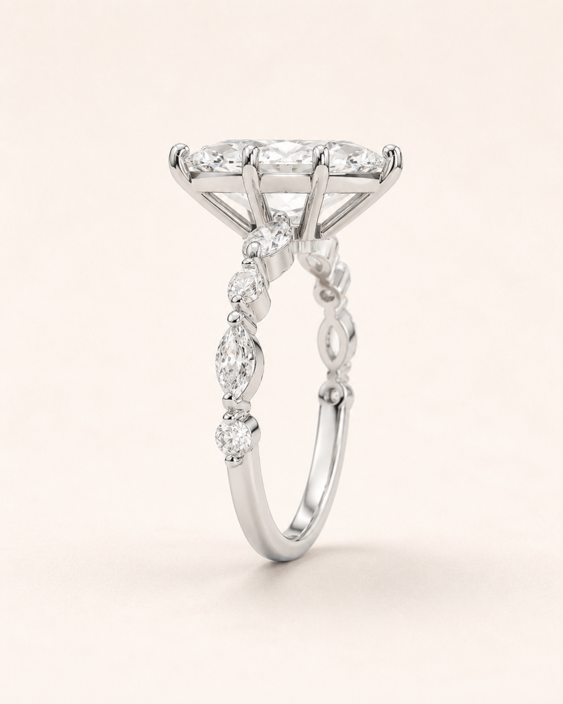 Elmivra Marquise Side Stone Round lab-grown diamond ring in 18K White Gold side