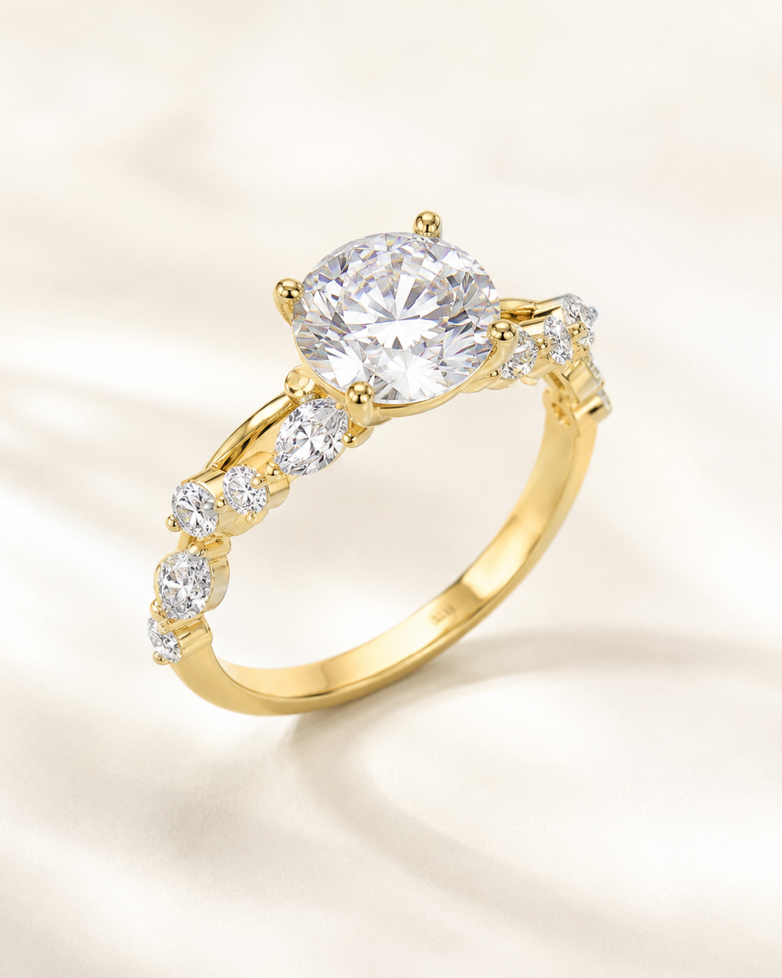 Elmivra Marquise Side Stone Round lab-grown diamond ring in 18K Yellow Gold angle