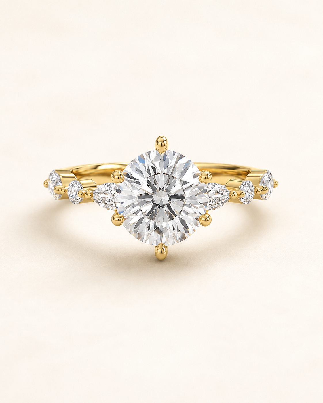 Elmivra Marquise Side Stone Round lab-grown diamond ring in 18K Yellow Gold front