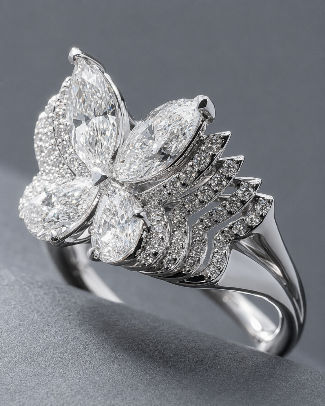 Papillon Marquise marquise and pear lab-grown diamond ring angled view