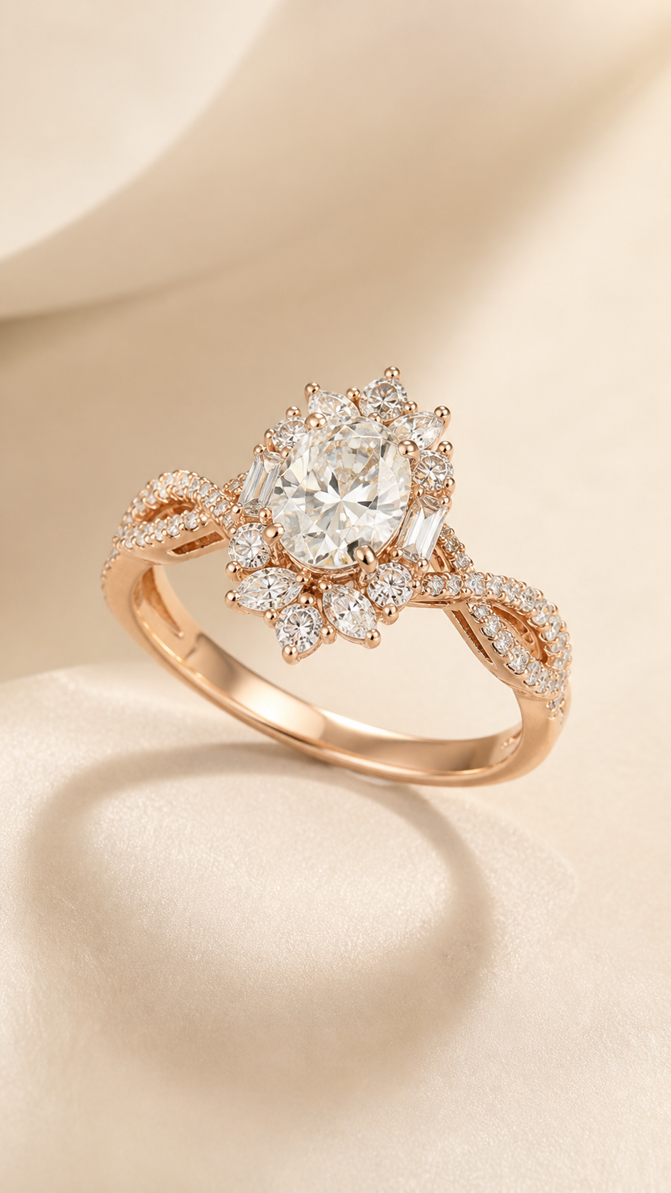 Petal Halo 1 Carat Oval Lab-Grown Diamond Ring in 18K Rose Gold angled view