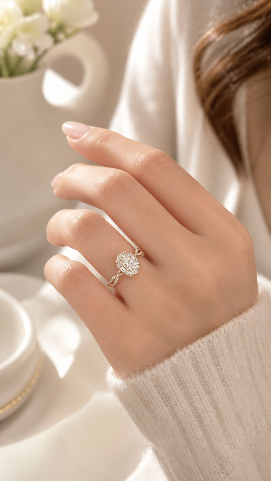Petal Halo 1 Carat Oval Lab-Grown Diamond Ring in 18K Rose Gold model wearing view