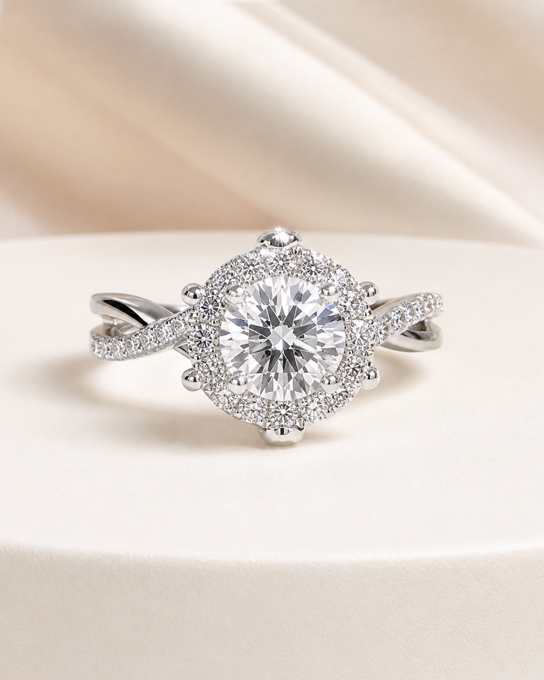 Elmivra Petal Halo 1 carat round lab-grown diamond ring in 18K white gold
