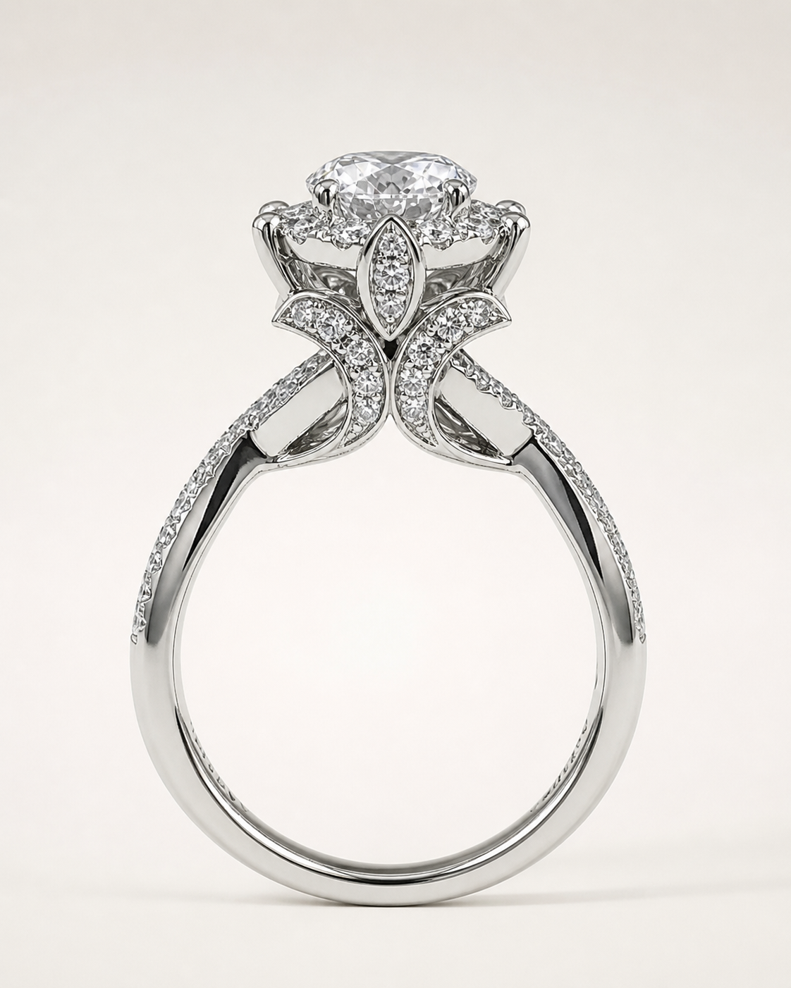 Side detail of Petal Halo lab-grown diamond ring with floral gallery
