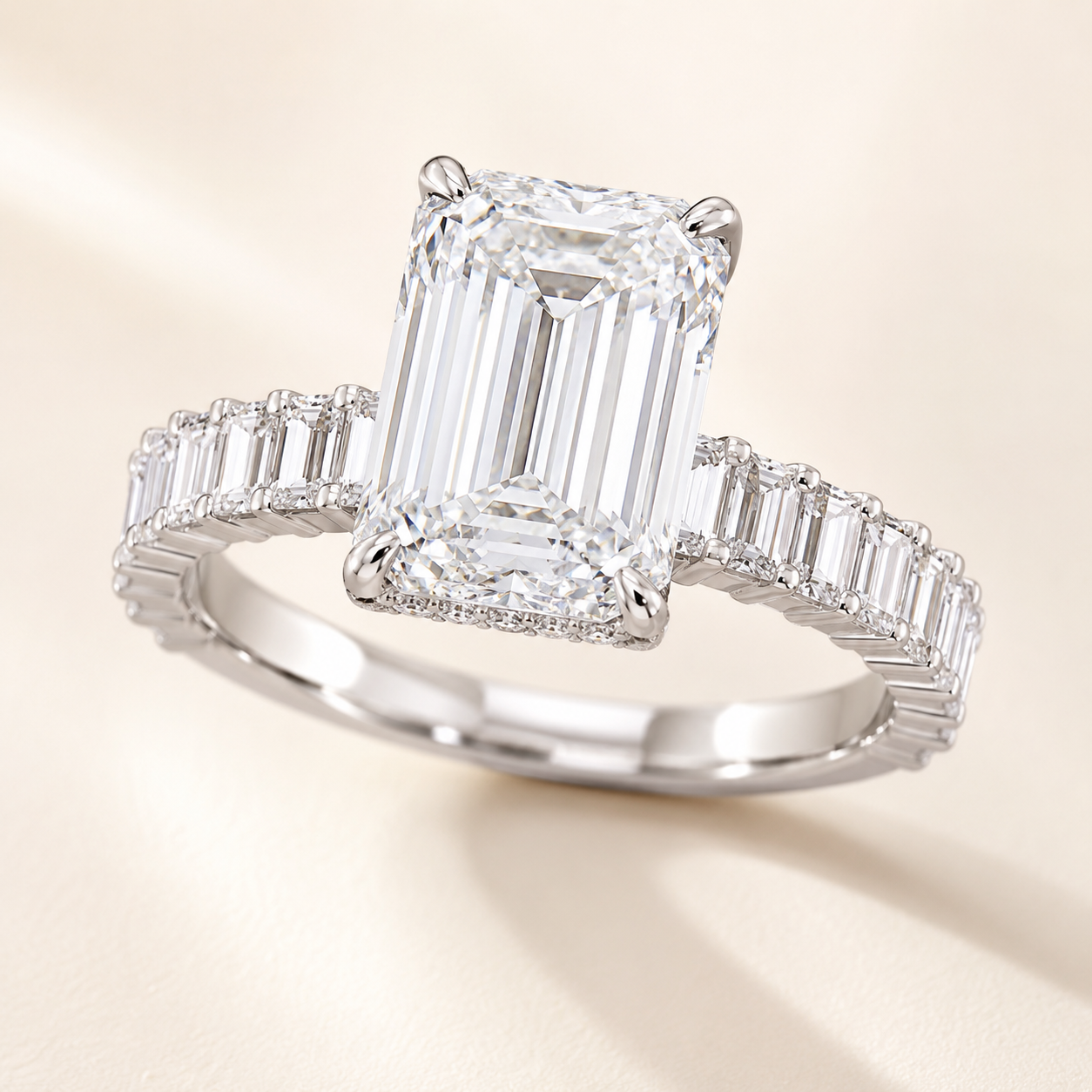 Elmivra 5 carat emerald cut IGI-certified lab-grown diamond ring in 18K white gold angled view