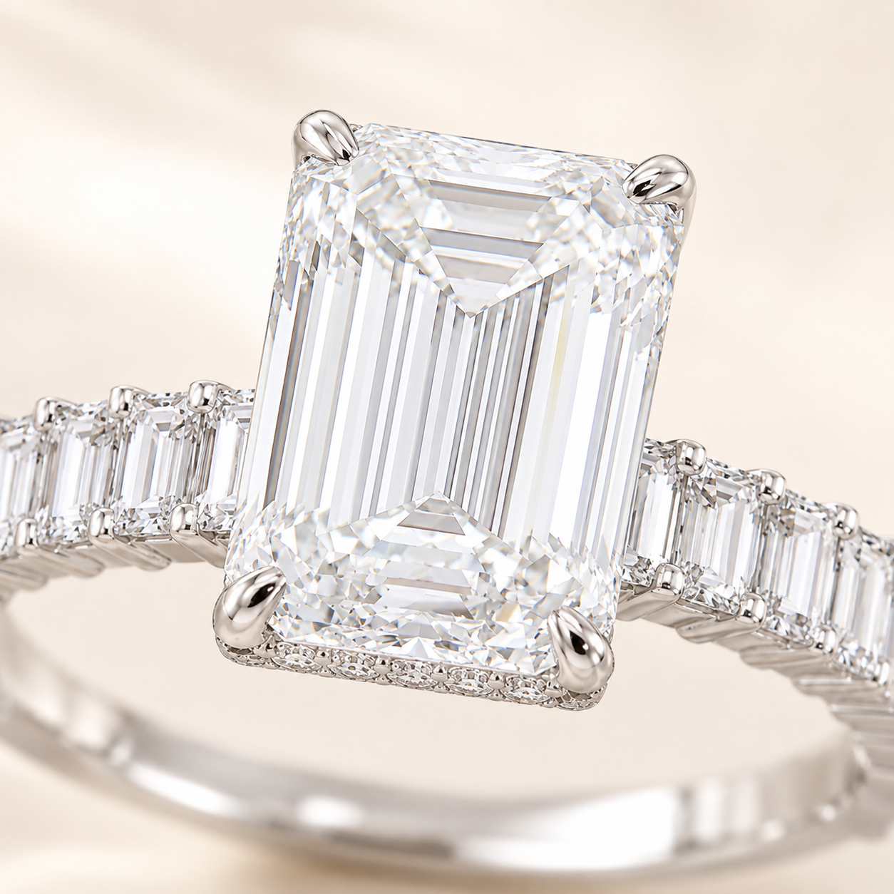 Elmivra 5ct D VS1 emerald cut lab-grown diamond ring with hidden halo and baguette band close-up