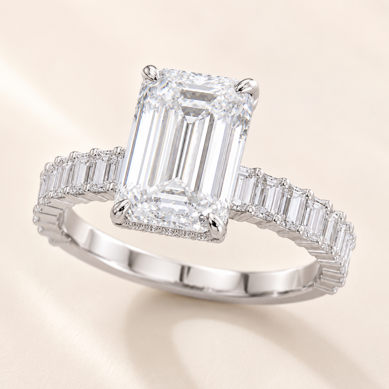 Elmivra 5ct emerald cut lab-grown diamond ring in 18K white gold lifestyle view