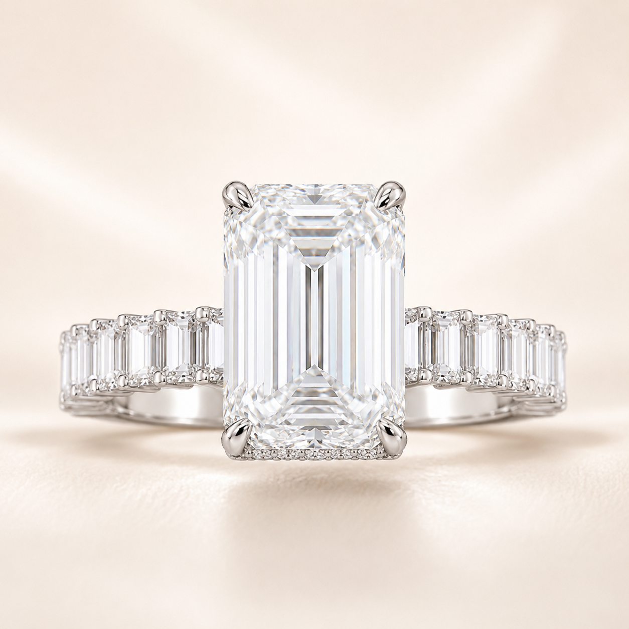 Elmivra 5ct emerald cut lab-grown diamond hidden halo baguette band ring in 18K white gold main view