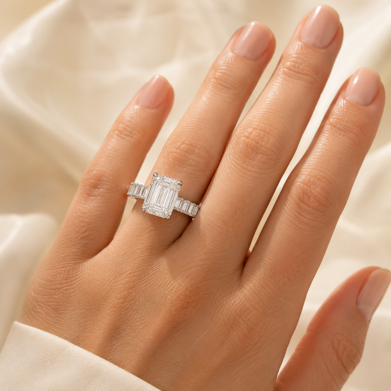 Elmivra 5ct emerald cut lab-grown diamond hidden halo baguette band ring model wearing view