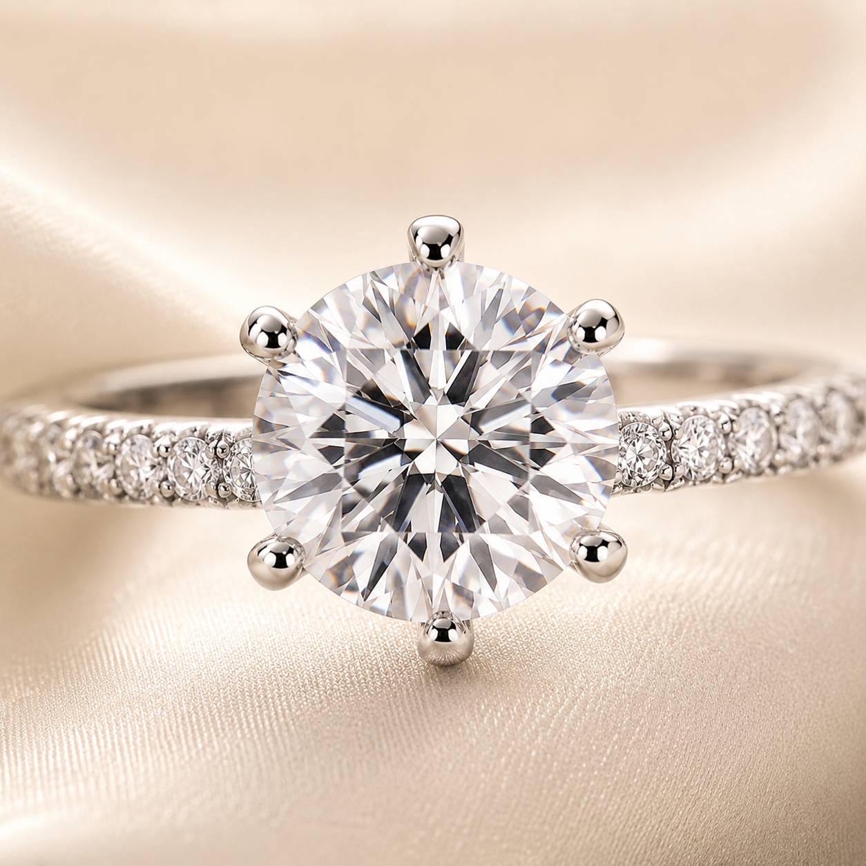 Elmivra 2ct round lab-grown diamond pavé solitaire ring in 18K white gold front view